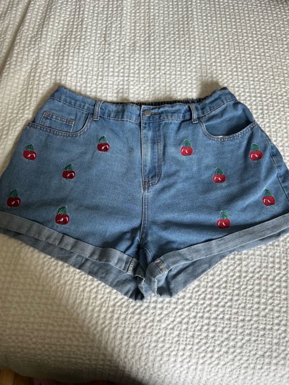 Cherry Embroidered Denim Shorts in Blue